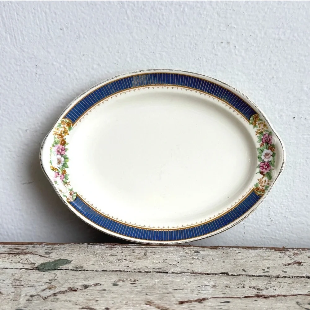 Taylor Smith Taylor USA Vintage Oval Floral Serving Dish Cobalt Blue Stripe 7in